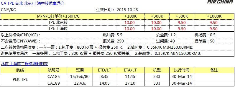 CA國航臺北空運專線，臺北空運價格查詢，深圳大智通